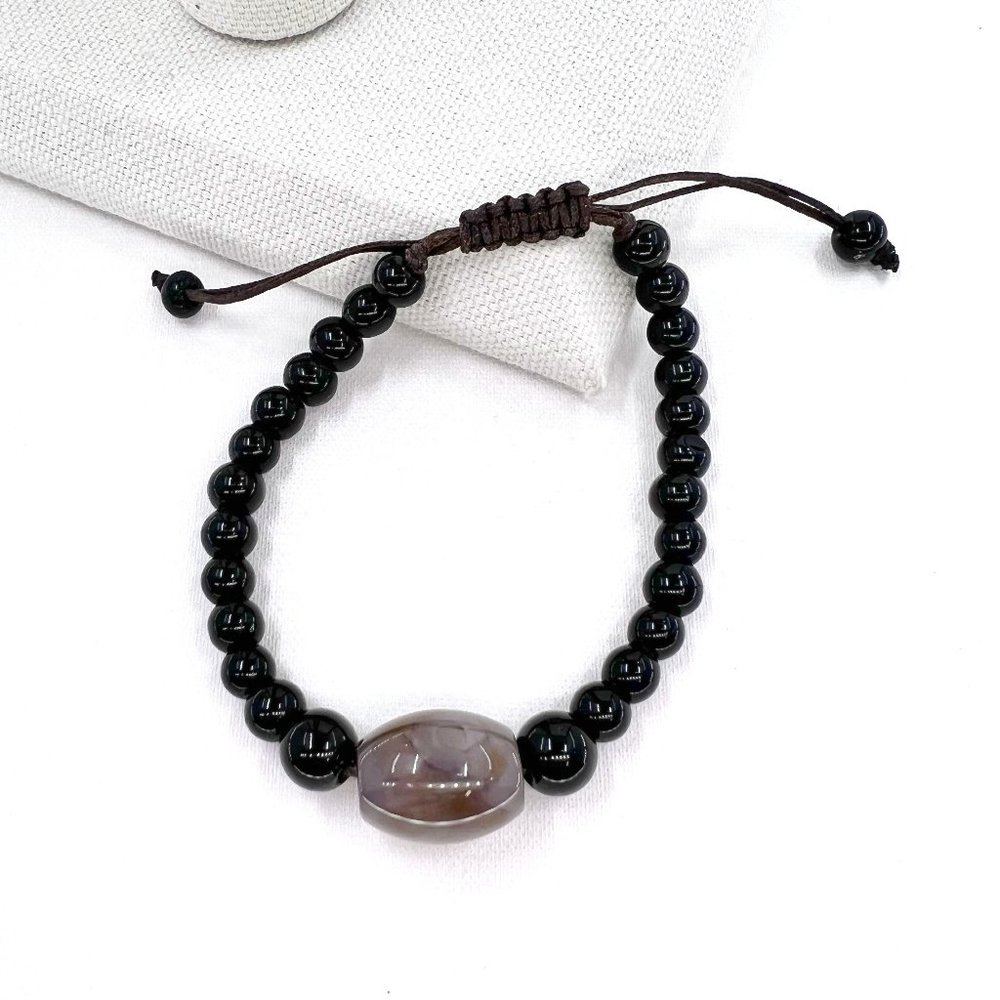 Beautiful Agate and Black Glass Beaded Brown Cord Adjustable Bracelet - Picture 1 of 5